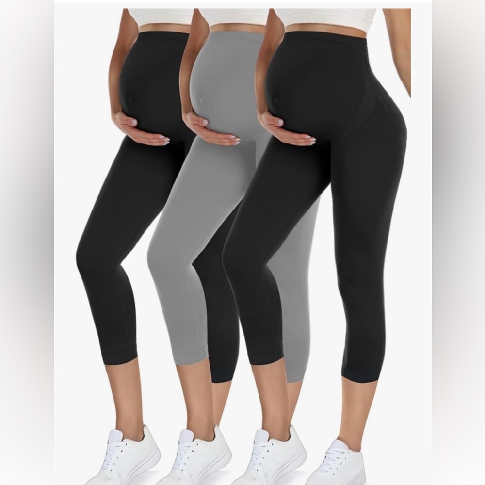 Maternity Capri Leggings - 3 Pack - Black & Gray